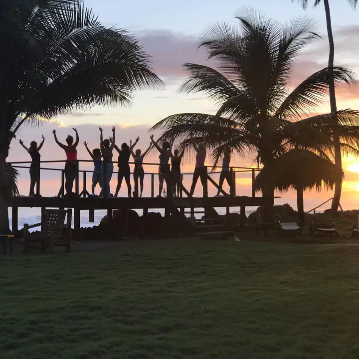 A group raising their arms on the deck at sunset