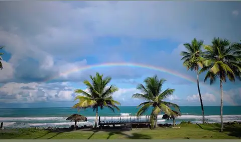 Rainbow over the sea and palm trees at the retreat