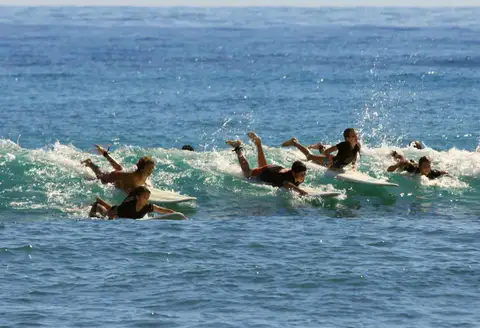 Group of surfers paddling out