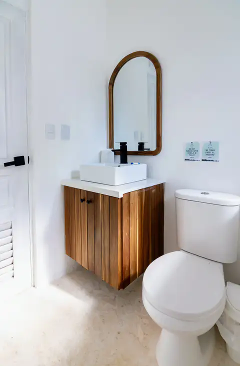 Suite bathroom with a wooden vanity and an arched mirror