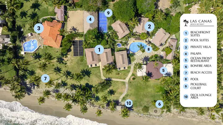 Illustrated map of the Las Canas grounds: suites, pool, palapa, restaurant, bonfire area, pickleball court and deck