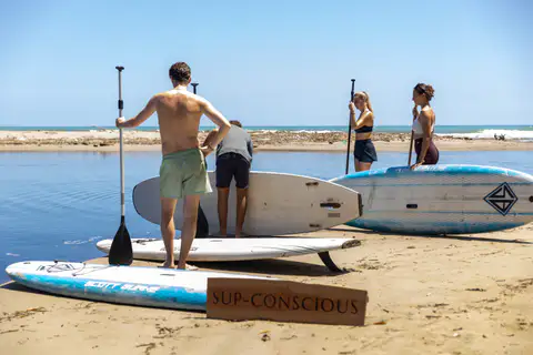 Guests carrying paddleboards along the beach