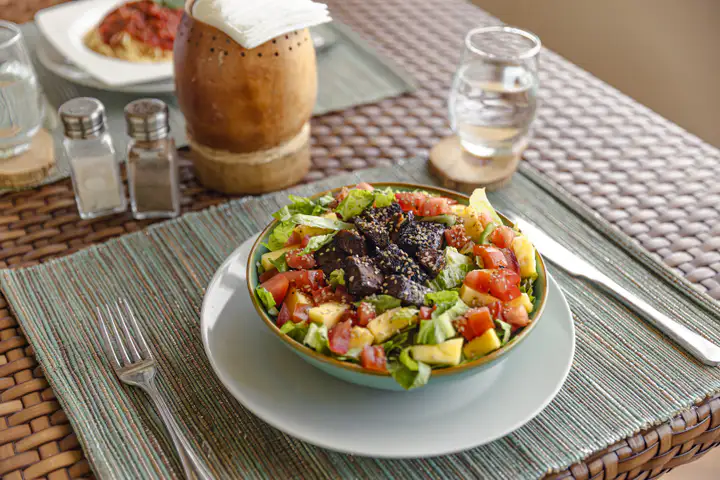 Fresh salad and coconut drink served at the retreat