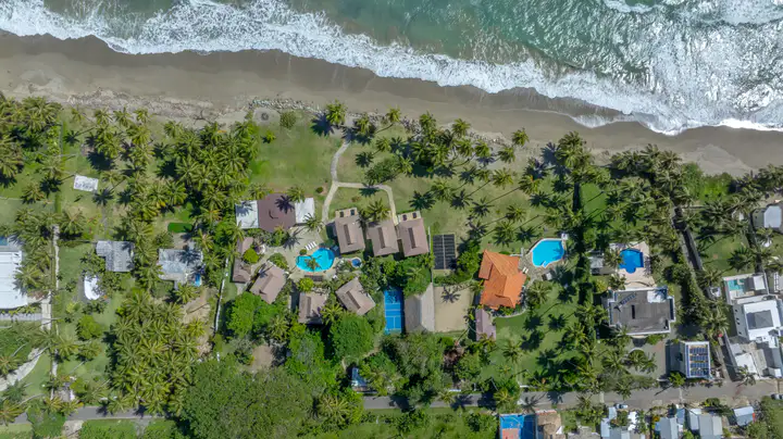 Aerial view of the retreat gardens and the Atlantic coastline
