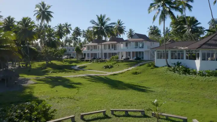 Whitewashed beachfront suites among palm trees at Las Canas Beach Retreat