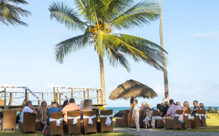 Wedding reception set beneath palms beside the ocean