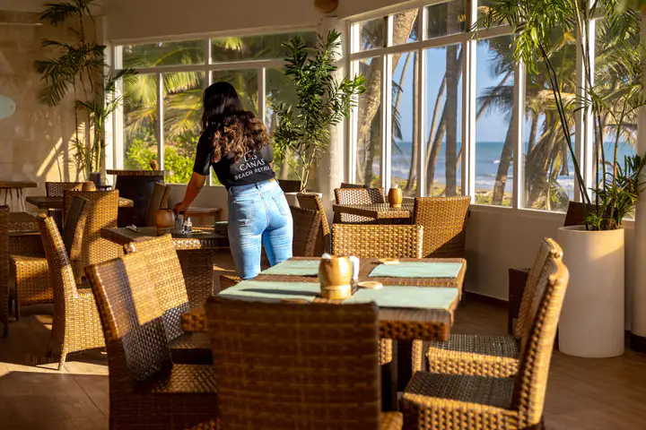 Guests seated in the open air restaurant