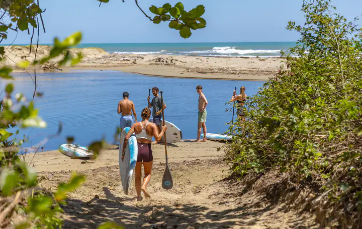 Guests walking down the garden path toward the ocean